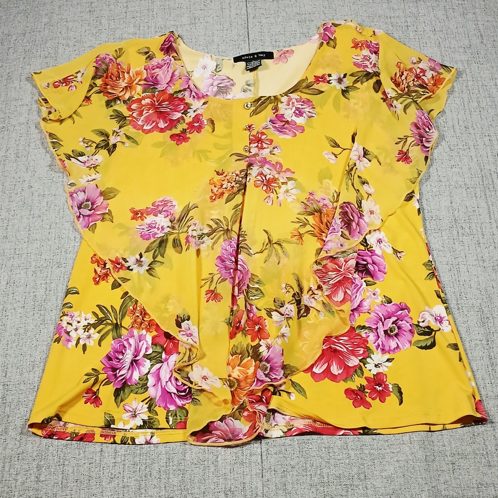Yellow Boho Top Floral Flutter Sleeve Ruffle Front Blouse Large Semi Sheer - Picture 12 of 12